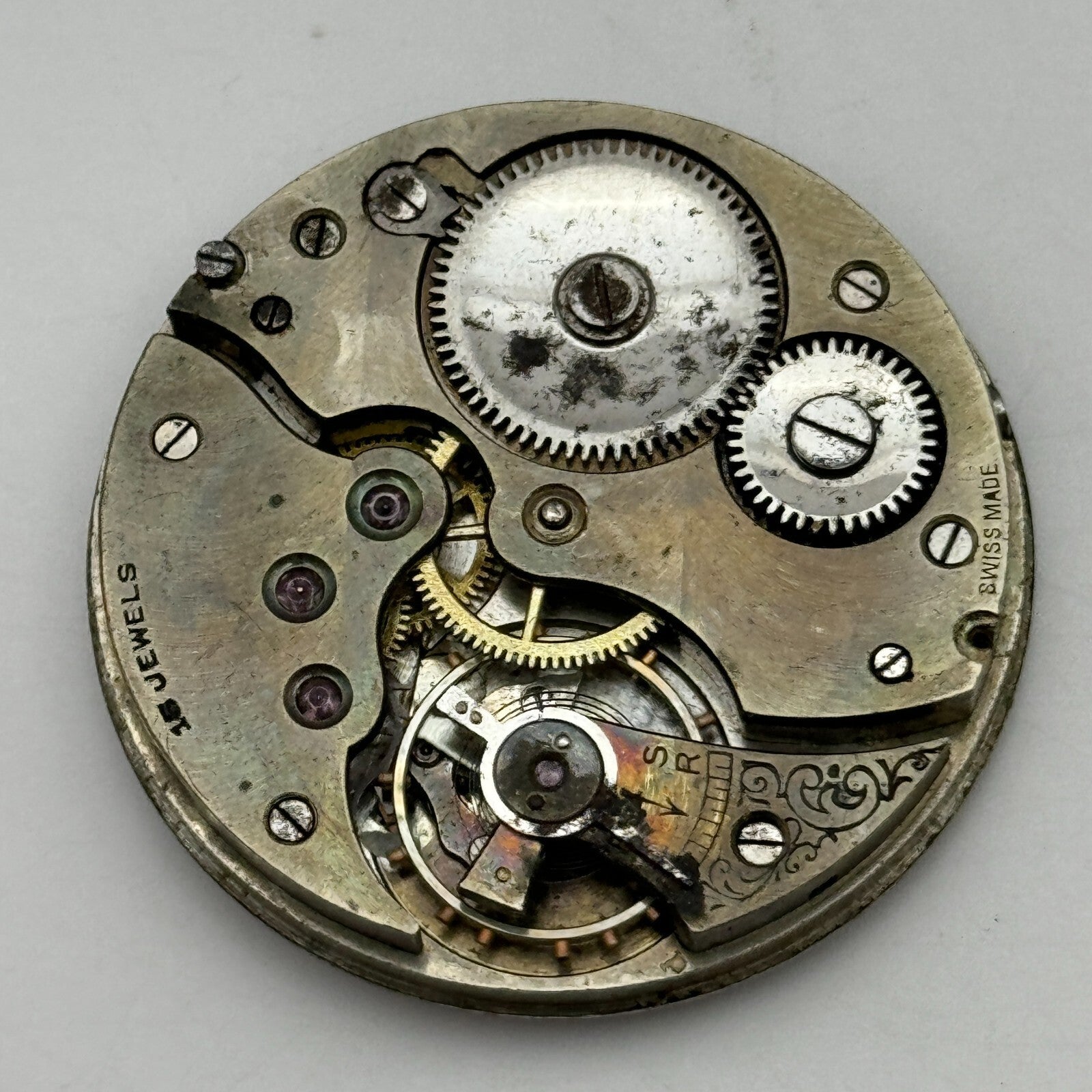 42.9mm Unidentified Swiss 15 Jewels Vintage Pocket Watch Movement PARTS SPARES