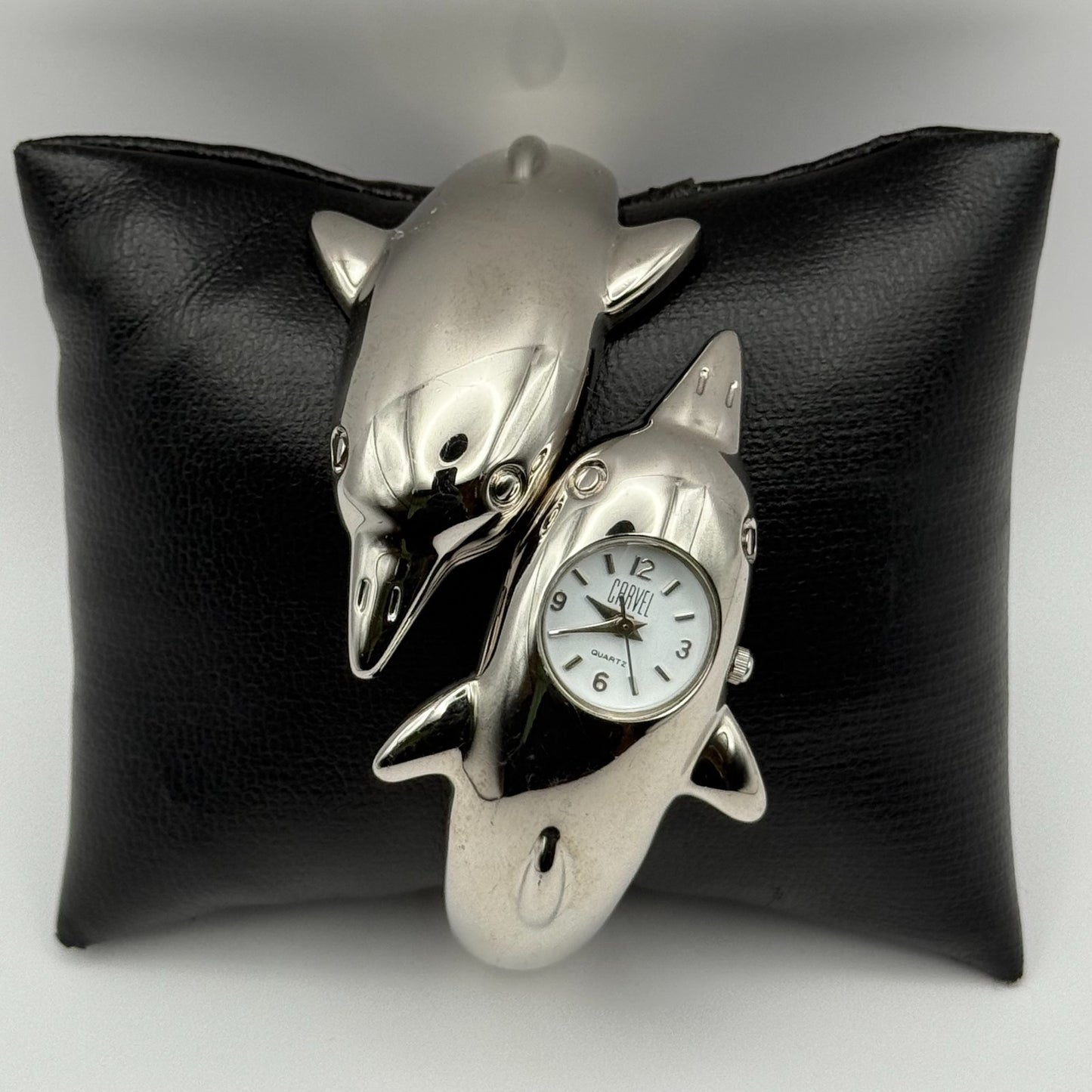 Carvel Ladies Dolphin Bangle Watch Quartz Silver Tone Working 20mm 5.5 Inches