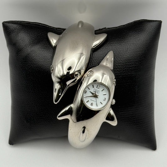 Carvel Ladies Dolphin Bangle Watch Quartz Silver Tone Working 20mm 5.5 Inches