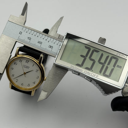 Citizen Ladies Quartz Watch Gold Tone White Dial Black Strap Japan Working 33mm