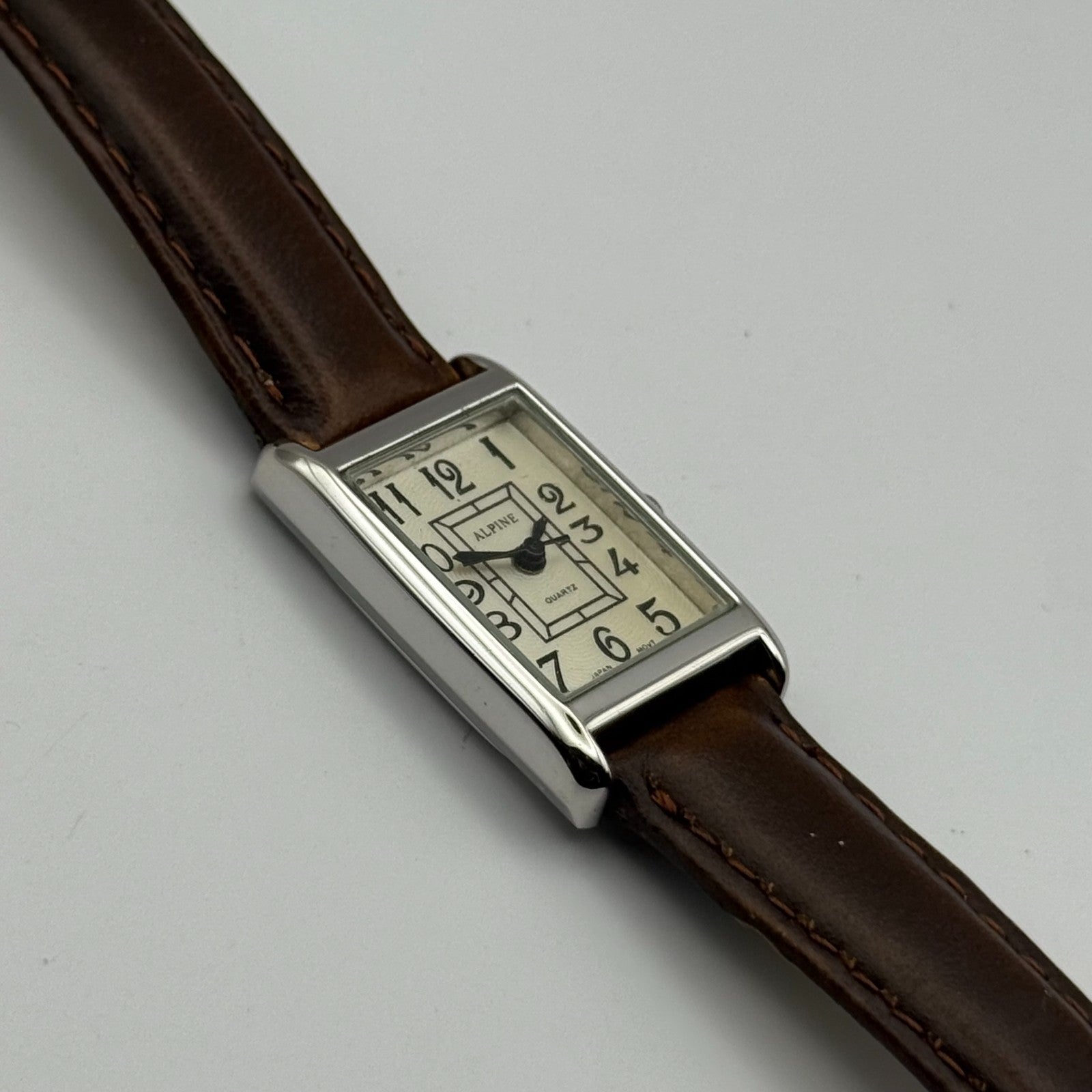 Alpine Ladies Quartz Watch Rectangle Dial Brown Leather Strap Japan Working 18mm