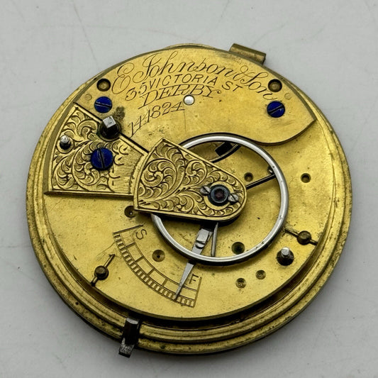 43mm Manual Wind E Johnson & Son Derby Pocket Watch Movement Dial FOR PARTS