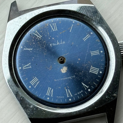 34mm Vintage Ruhla Made In GDR Blue Dial Manual Wind Watch PARTS / REPAIR