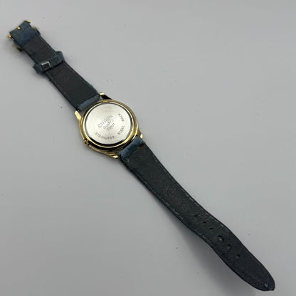 Citron Ladies Quartz Watch Dolphin Dial Gold Tone Blue Strap Working 35mm