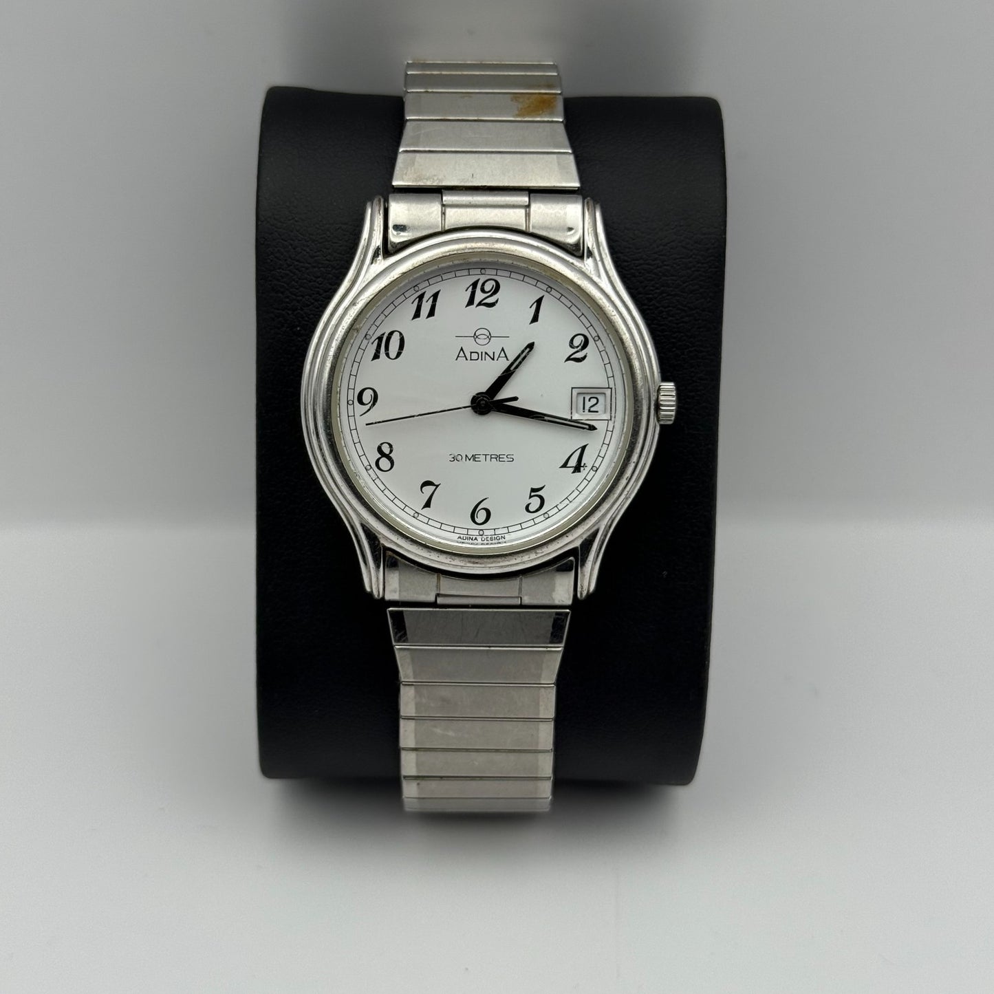 Adina Design Ladies Quartz Watch Date Dial Silver Tone Stretch Band Working 33mm