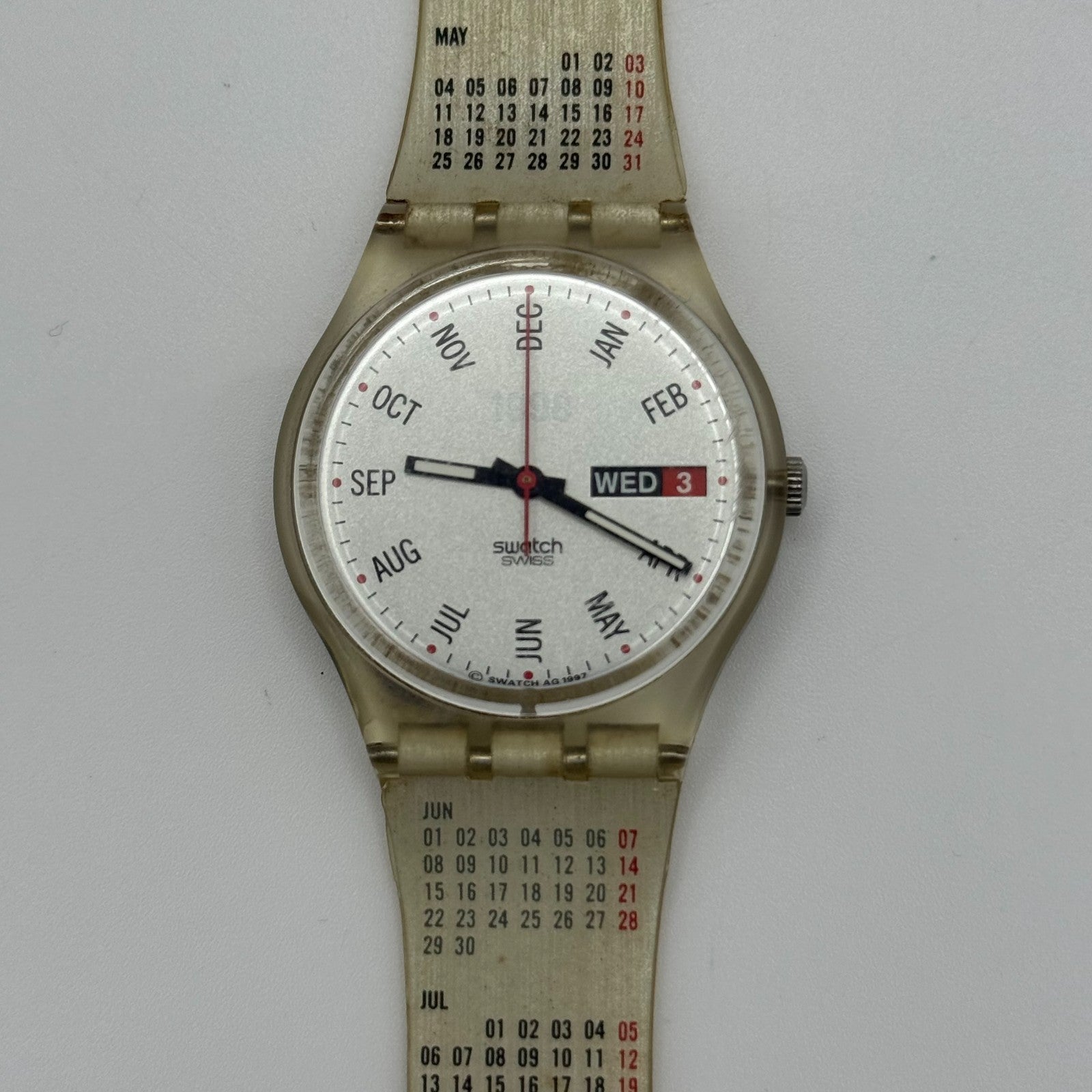 1998 Swatch Calendarium GK726 Quartz Watch Date White Dial Swiss + Box 33mm
