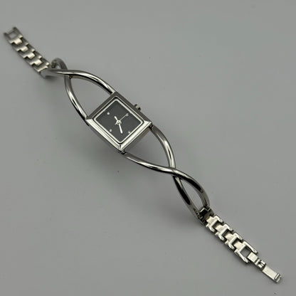 Avon Ladies Quartz Watch Black Square Dial Silver Tone Bracelet Working 19mm