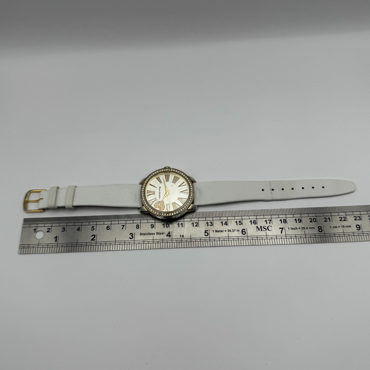 Redherring Ladies Quartz Watch Crystal Accents White Leather Strap Working 37mm