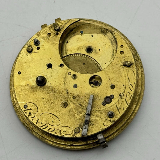 47.8mm Unidentified London Pocket Watch Movement Roman Numerals Dial FOR PARTS