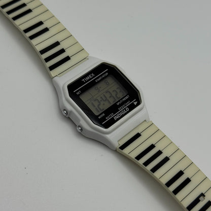Timex Indiglo Digital Quartz Watch Piano Strap White Black Strap Working 34mm
