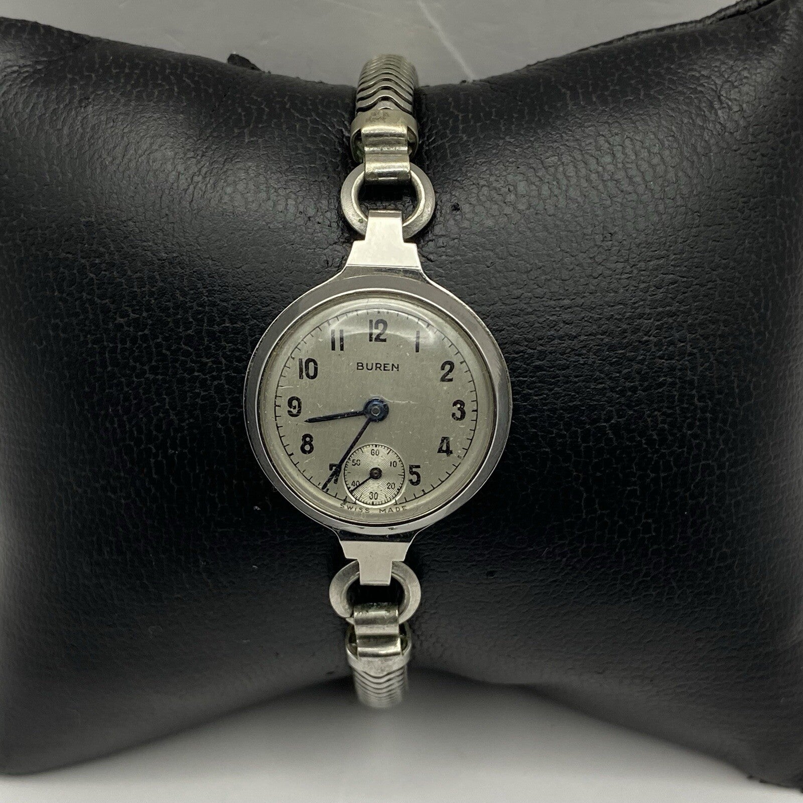 22mm Buren Sub Seconds Netonia Rodium Plated Strap Watch FOR PARTS