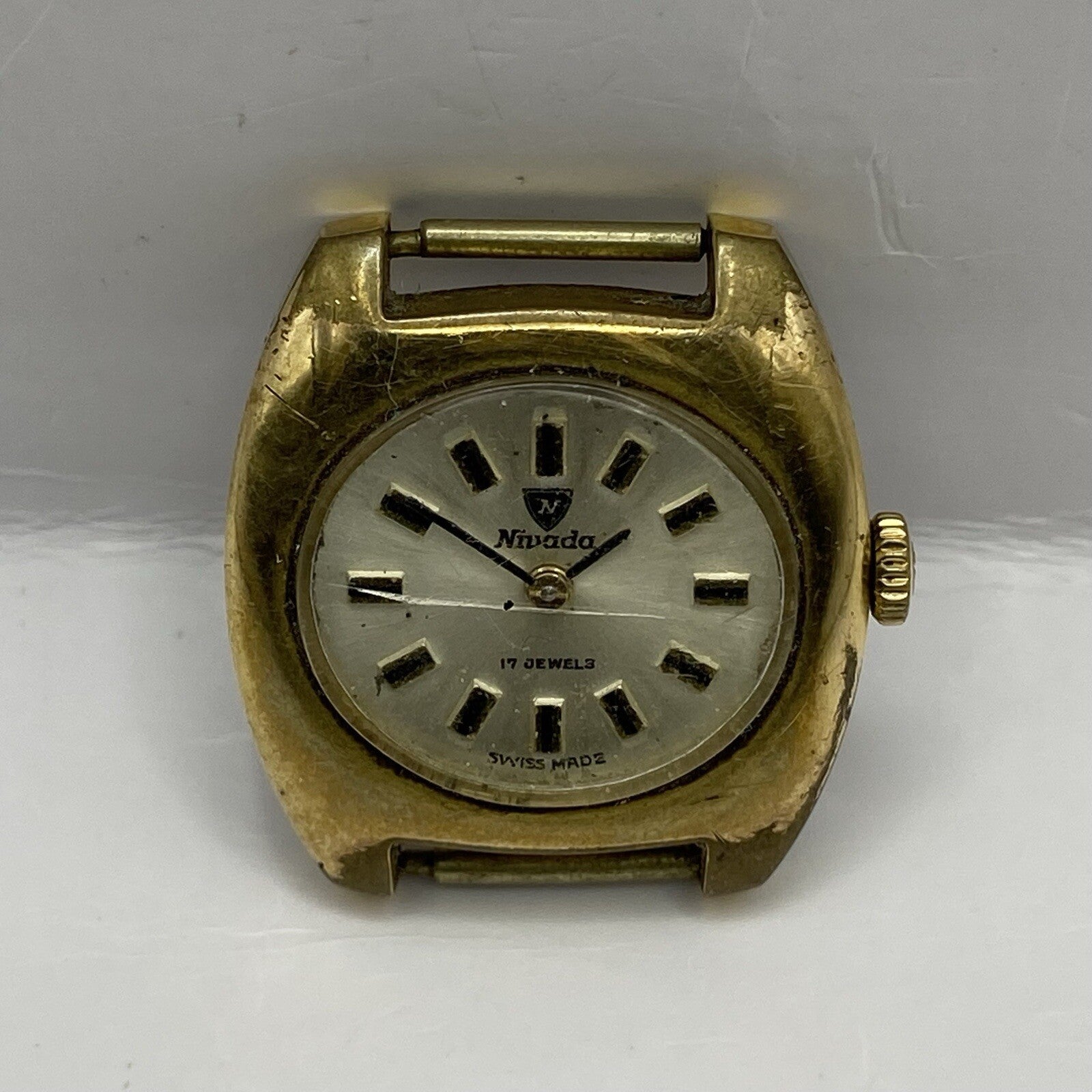24mm Ladies Manual Wind Nivada Gold Plated Watch Head RUNS FOR PARTS TO RESTORE