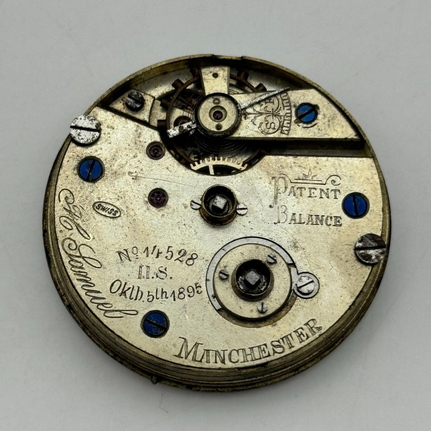 43.8mm Antique H Samuel Manchester Patent Balance Pocket Watch Movement PARTS