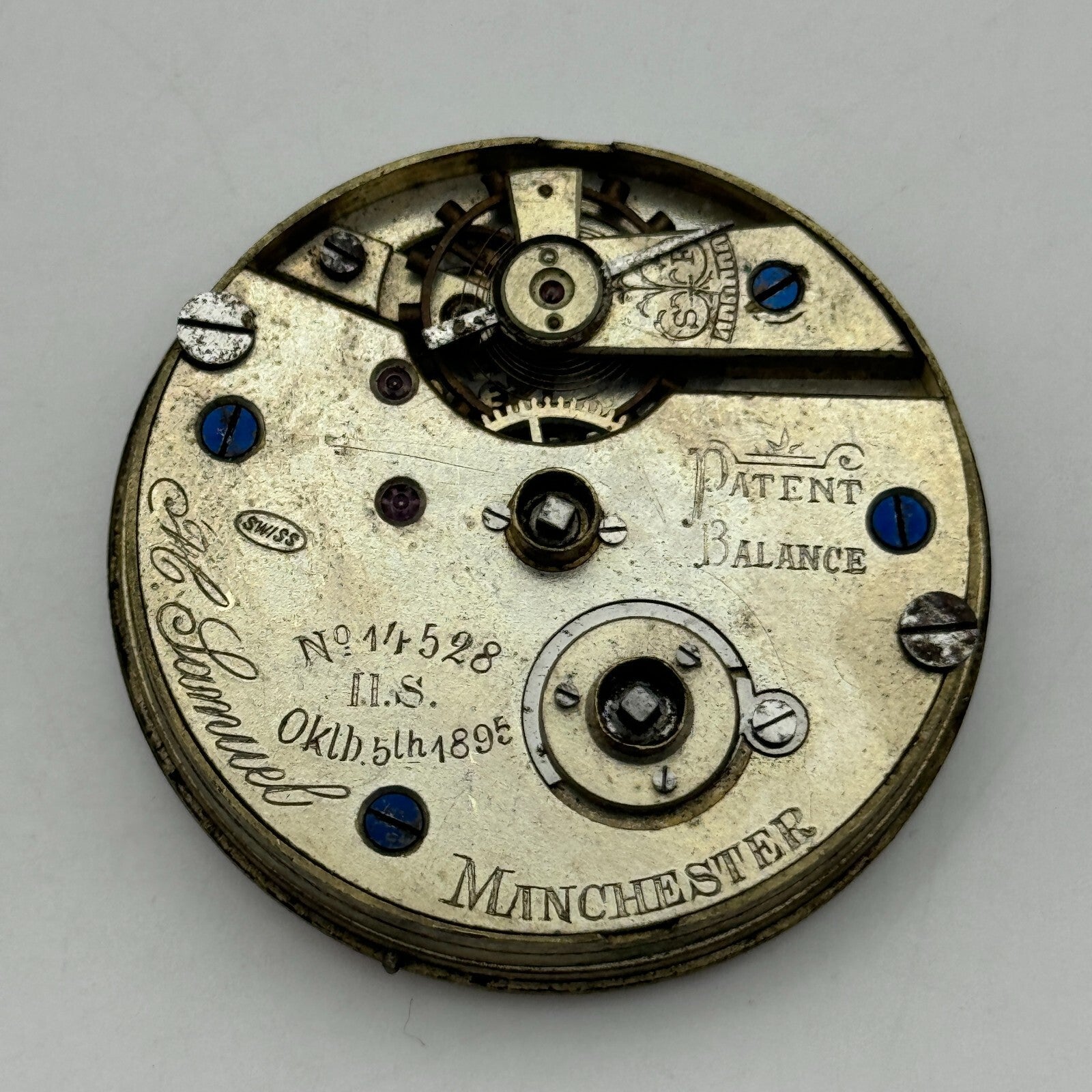 43.8mm Antique H Samuel Manchester Patent Balance Pocket Watch Movement PARTS