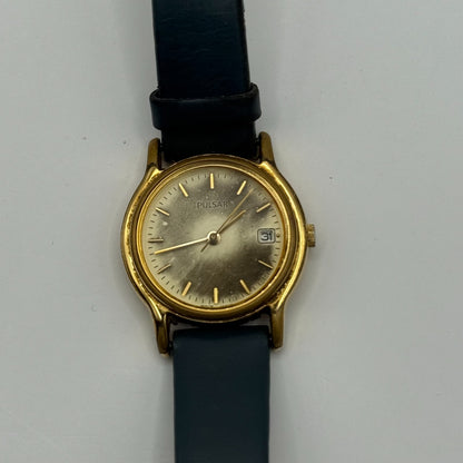 Pulsar Ladies Quartz Watch Date Dial Gold Tone Blue Leather Strap Working 24mm
