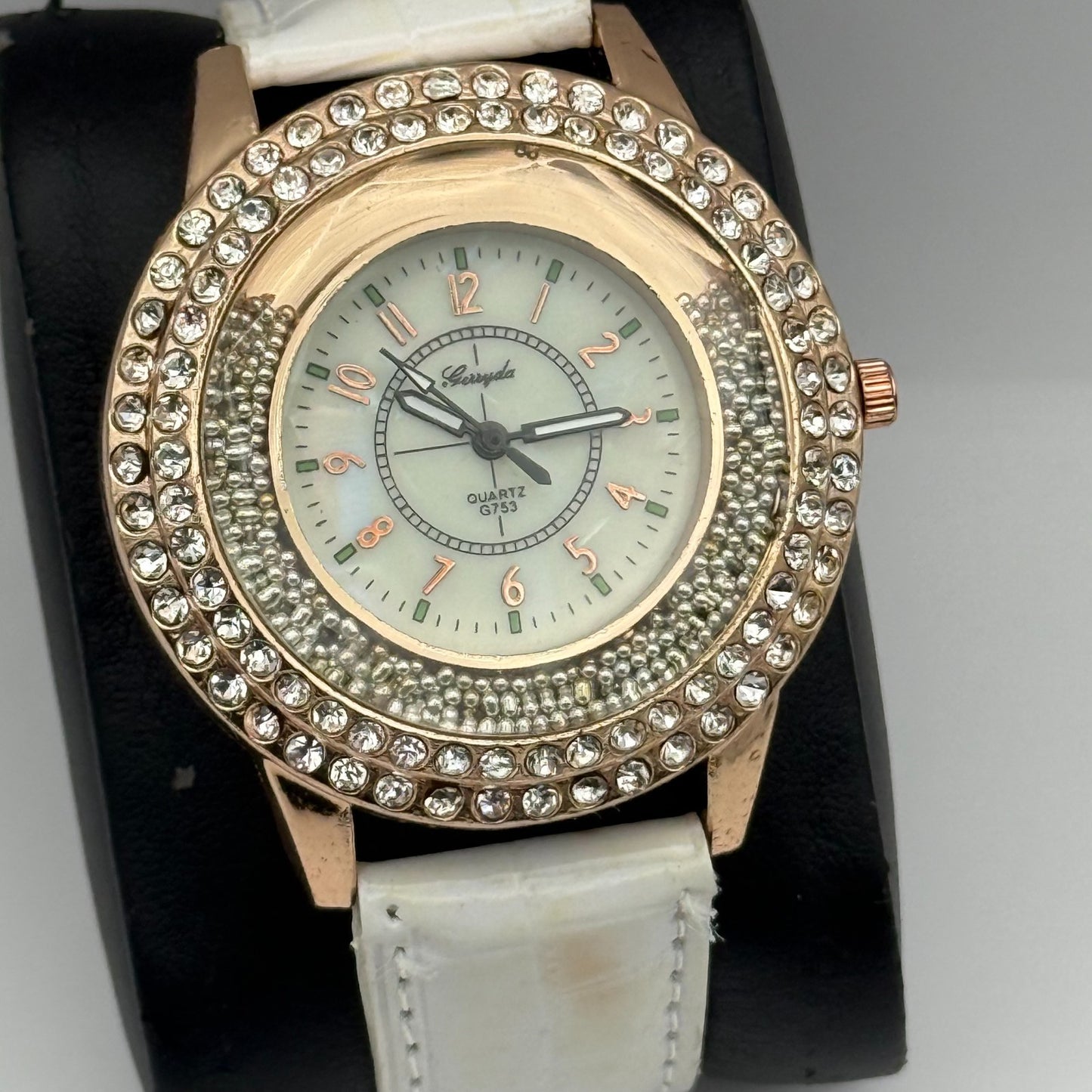 Gerryda Ladies Quartz Watch Rose Gold Crystal Accents White Strap Working 43mm