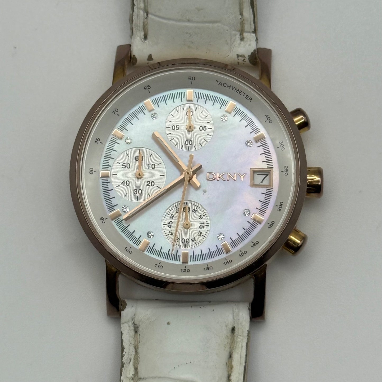 DKNY Chronograph Watch Mother Of Pearl Quartz Leather NY-4578 Date Dial 36mm