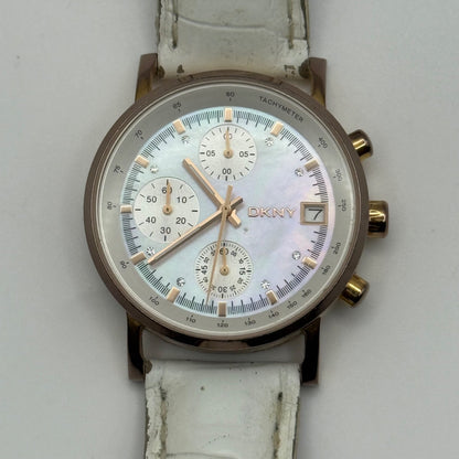 DKNY Chronograph Watch Mother Of Pearl Quartz Leather NY-4578 Date Dial 36mm