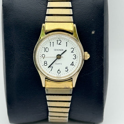Sekonda USSR Ladies Quartz Watch White Dial Gold Tone Stretch Band Working 22mm