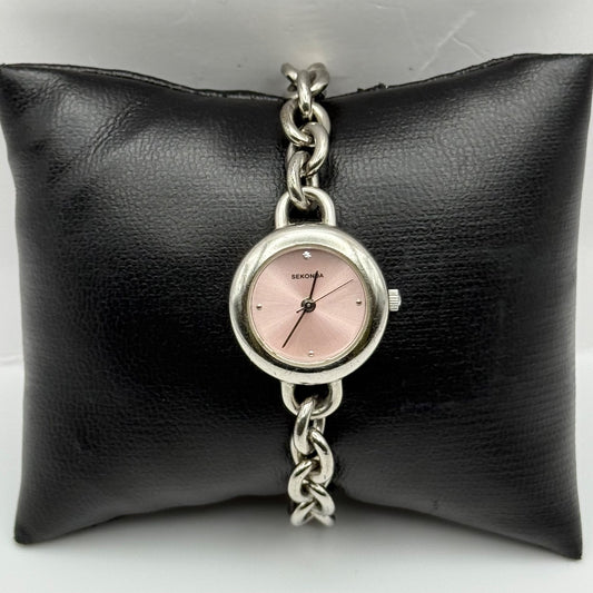 Working Sekonda Ladies Belcher Heart Pink Dial Silver Tone 22mm Quartz Watch
