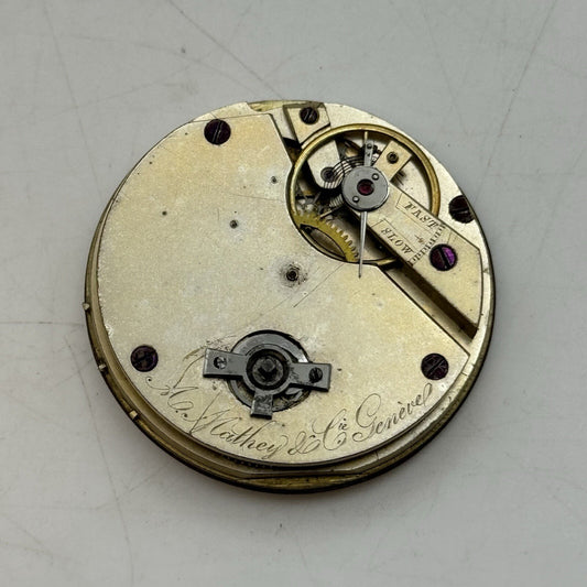 41mm A Mathey & Cie Geneve Pocket Watch Movement Dial FOR PARTS Restoration