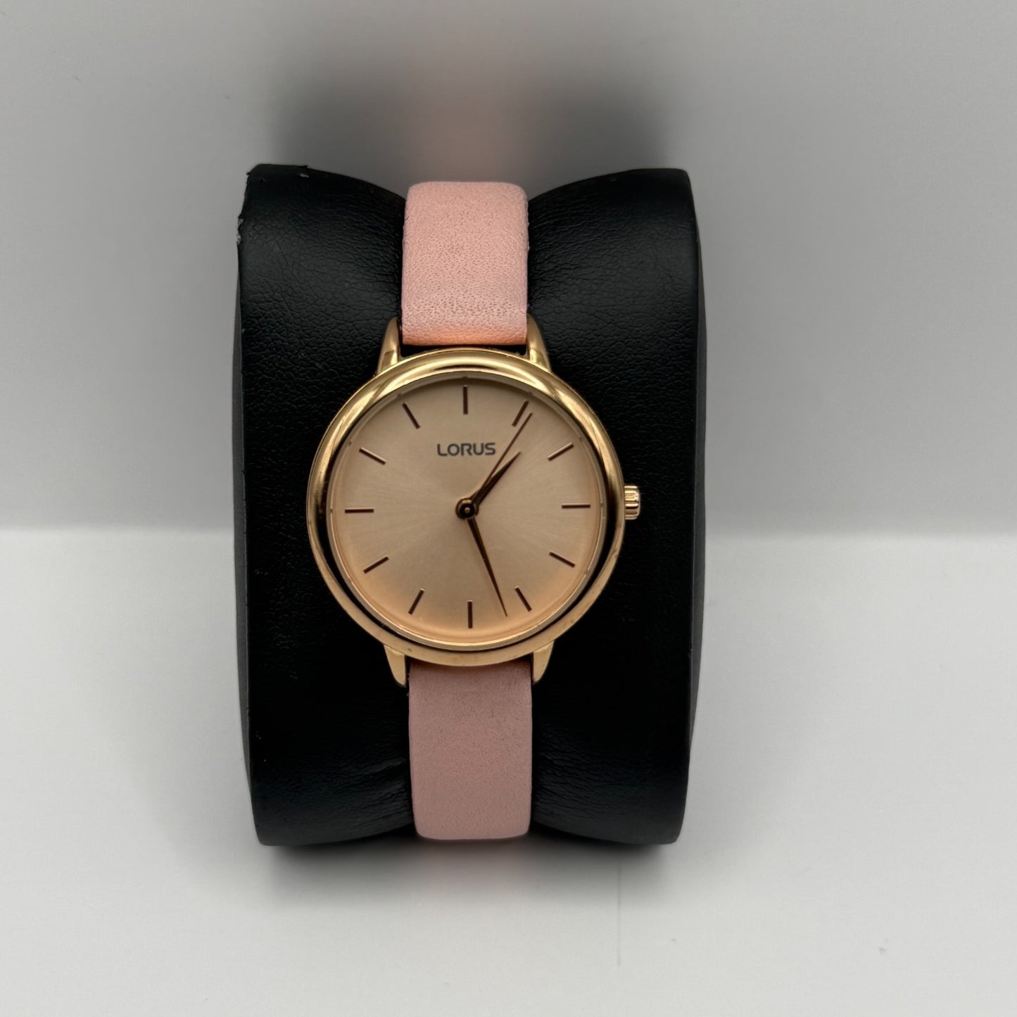 Lorus Ladies Quartz Watch Gold Tone Case Pink Leather Strap Japan Working 30mm