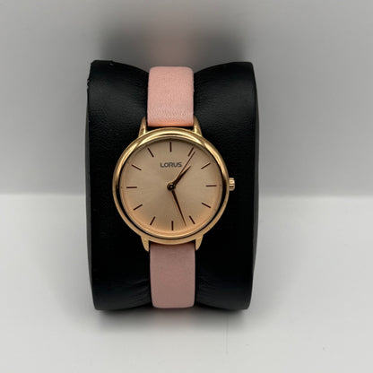 Lorus Ladies Quartz Watch Gold Tone Case Pink Leather Strap Japan Working 30mm