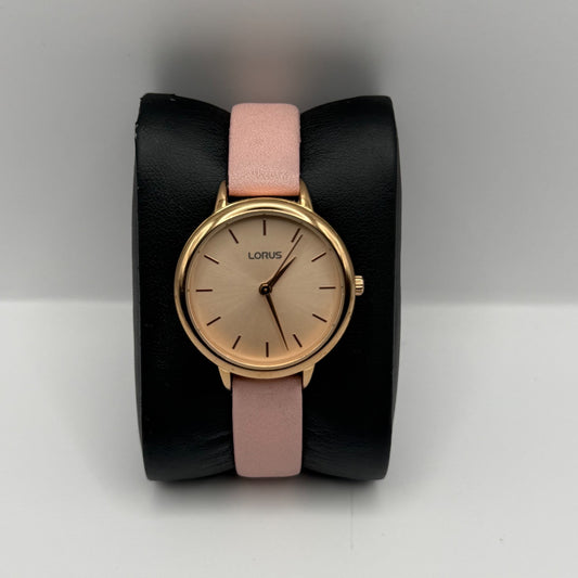 Lorus Ladies Quartz Watch Gold Tone Case Pink Leather Strap Japan Working 30mm