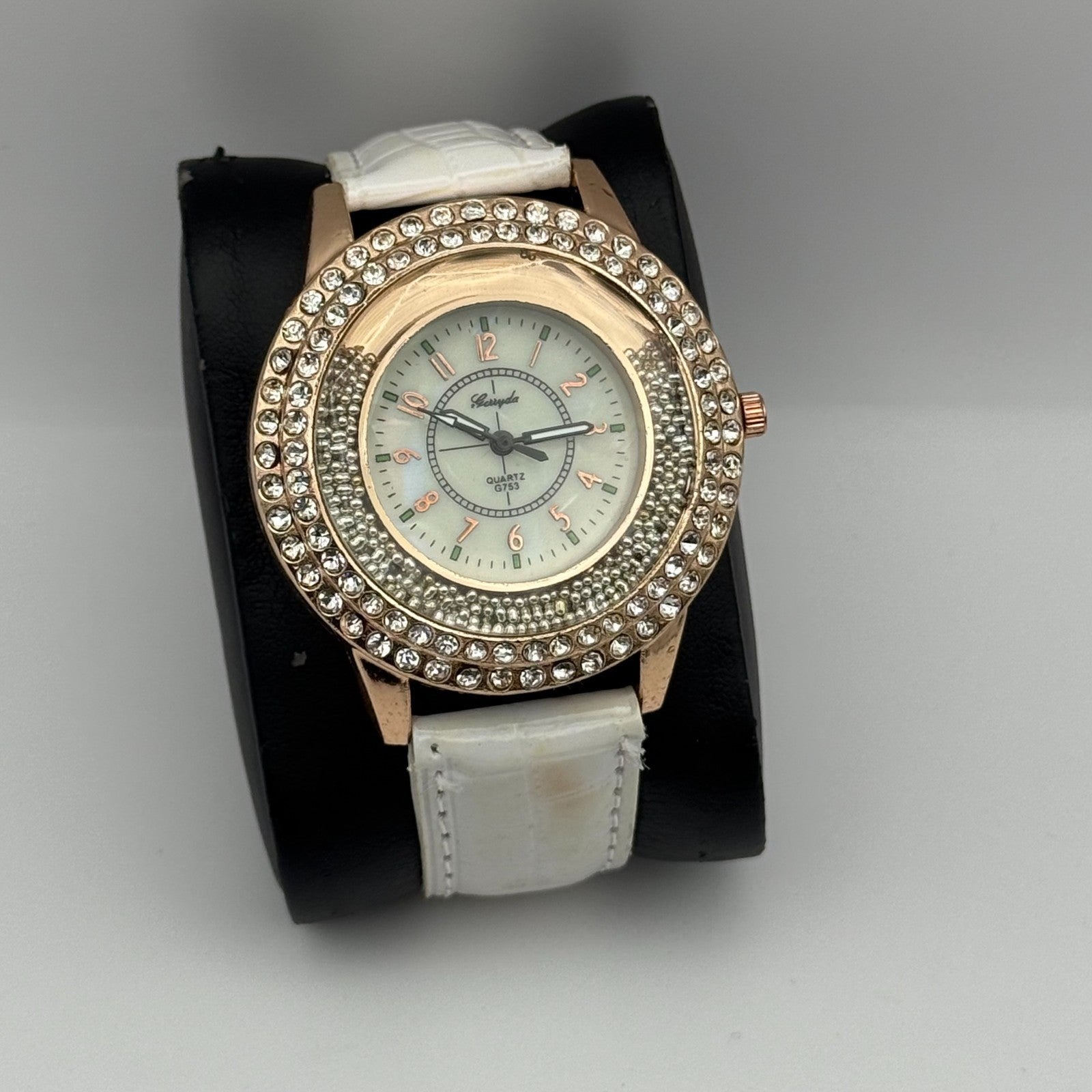Gerryda Ladies Quartz Watch Rose Gold Crystal Accents White Strap Working 43mm