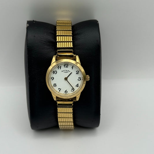 Rotary Swiss Made Ladies Watch White Dial Gold Tone Expandable Band Working 24mm