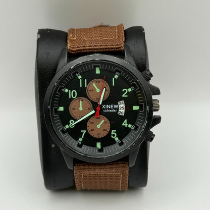 Xinew Men’s Quartz Chronograph Watch Calendar Dial Brown Strap Working 42mm
