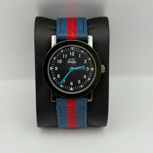 Mini Boden Men’s Quartz Watch Black Dial Red Blue Strap Japan Working 34mm