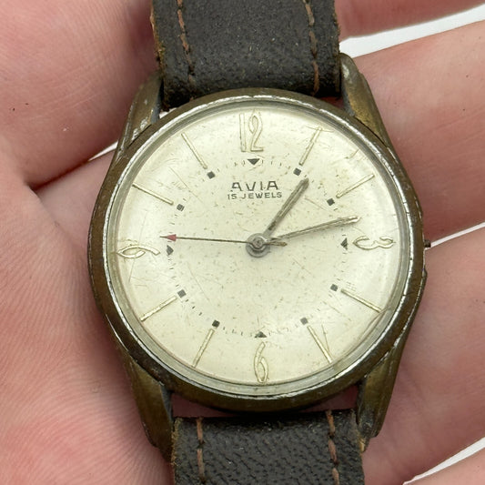 32mm Mens Vintage Avia 15 Jewels FHF 28 Pointer Seconds Hand Swiss Watch PARTS