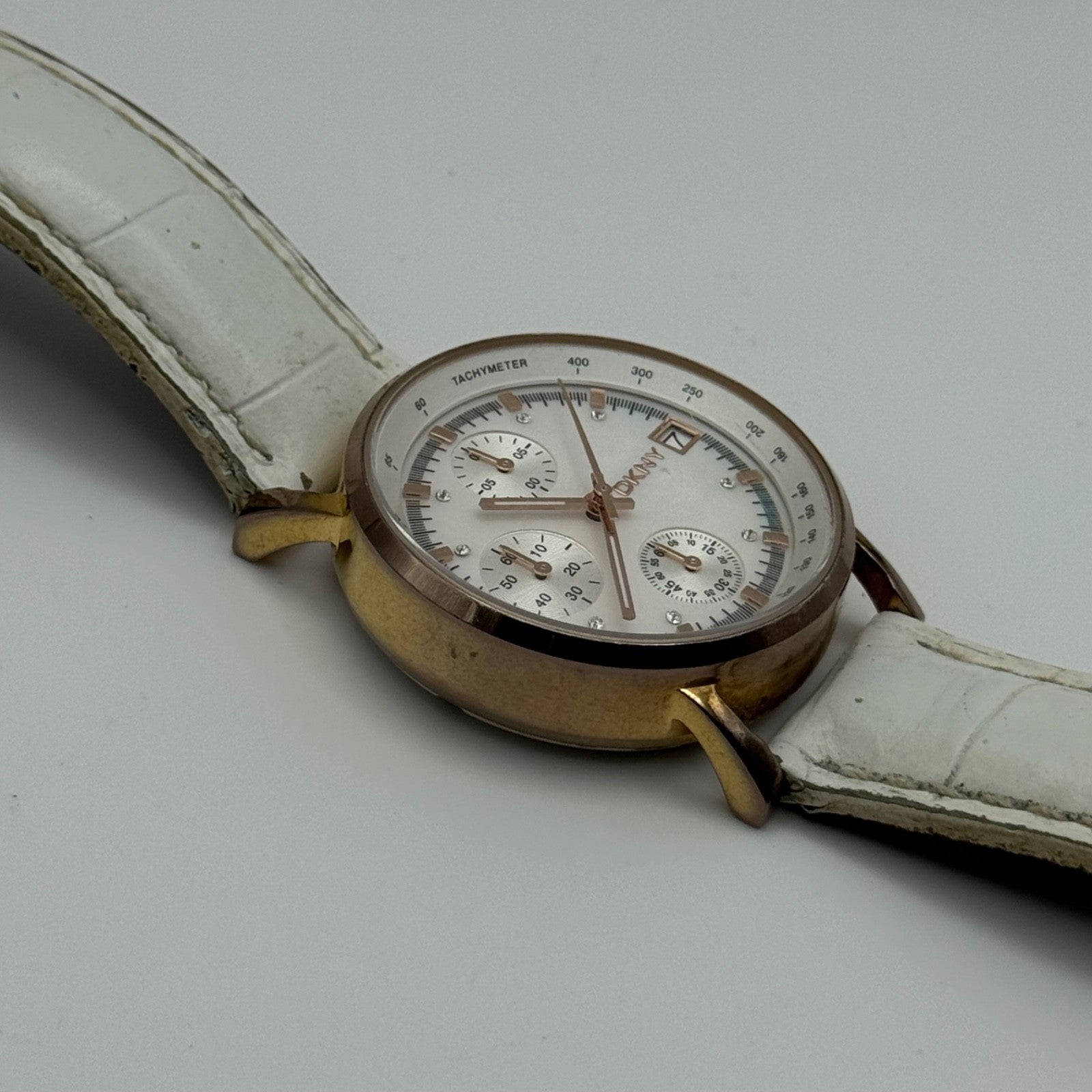 DKNY Chronograph Watch Mother Of Pearl Quartz Leather NY-4578 Date Dial 36mm