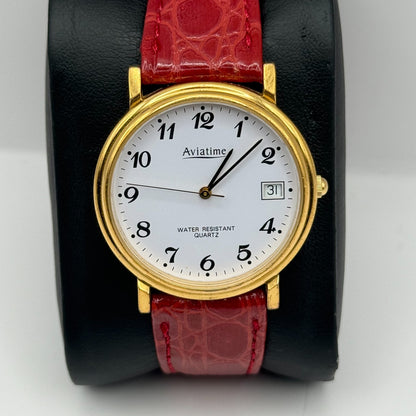 Aviatime Ladies Quartz Watch White Date Dial Red Leather Strap Working 33mm