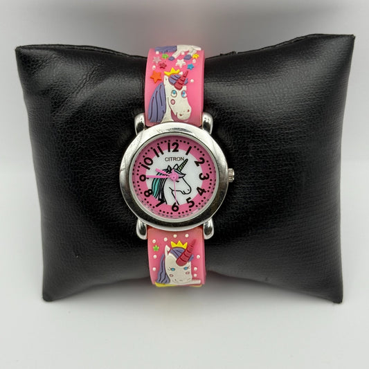 Citron Kids Quartz Watch Unicorn Print Strap Pink Dial Working 27mm New Battery