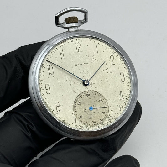 WORKING Art Deco Zenith 177 Sub Seconds Nickel Chrome Pocket Watch To Restore