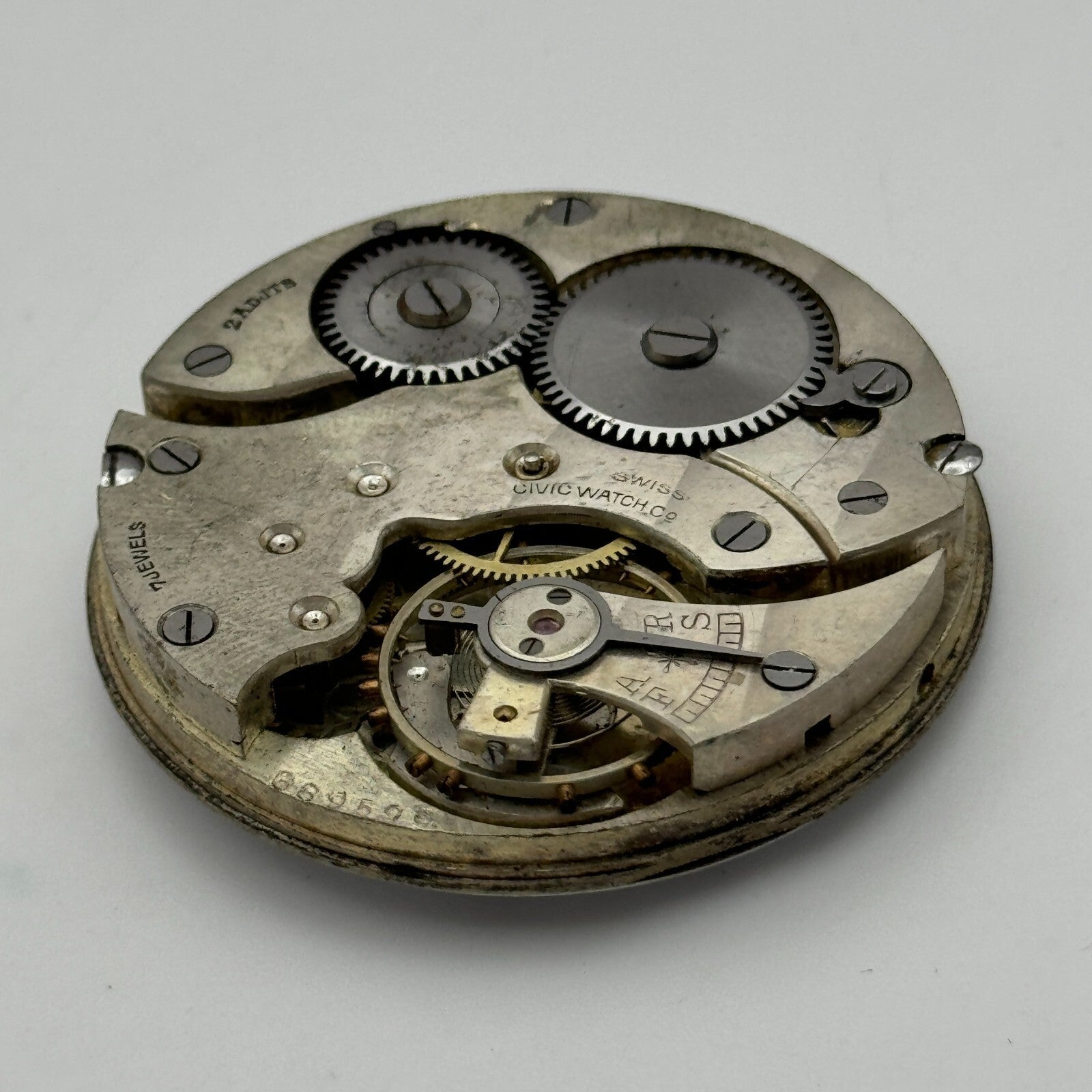 42.8mm Vintage Civic Watch Co 7 Jewels Swiss Hunter Pocket Watch Movement PARTS