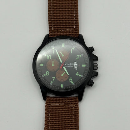 Xinew Men’s Quartz Chronograph Watch Calendar Dial Brown Strap Working 43mm