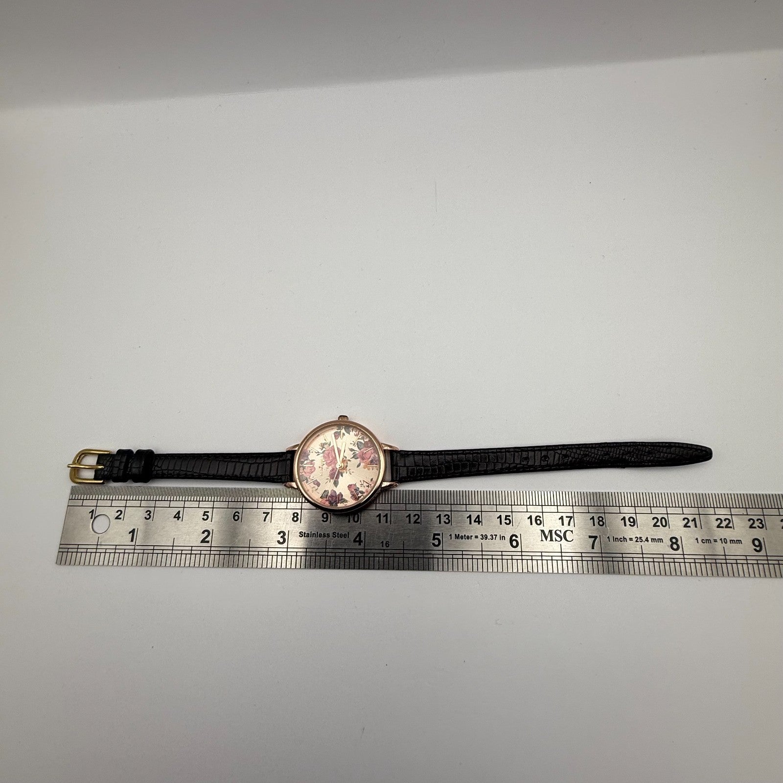 Kahuna Ladies Quartz Watch Floral Dial Black Leather Strap Working 30mm