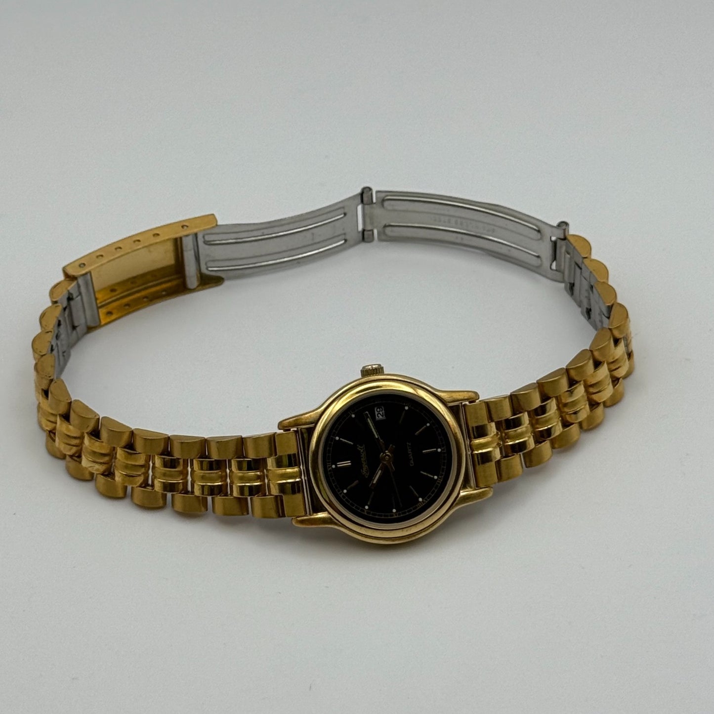 Ingersoll Ladies Quartz Watch Black Date Dial Gold Tone Bracelet Working 25mm