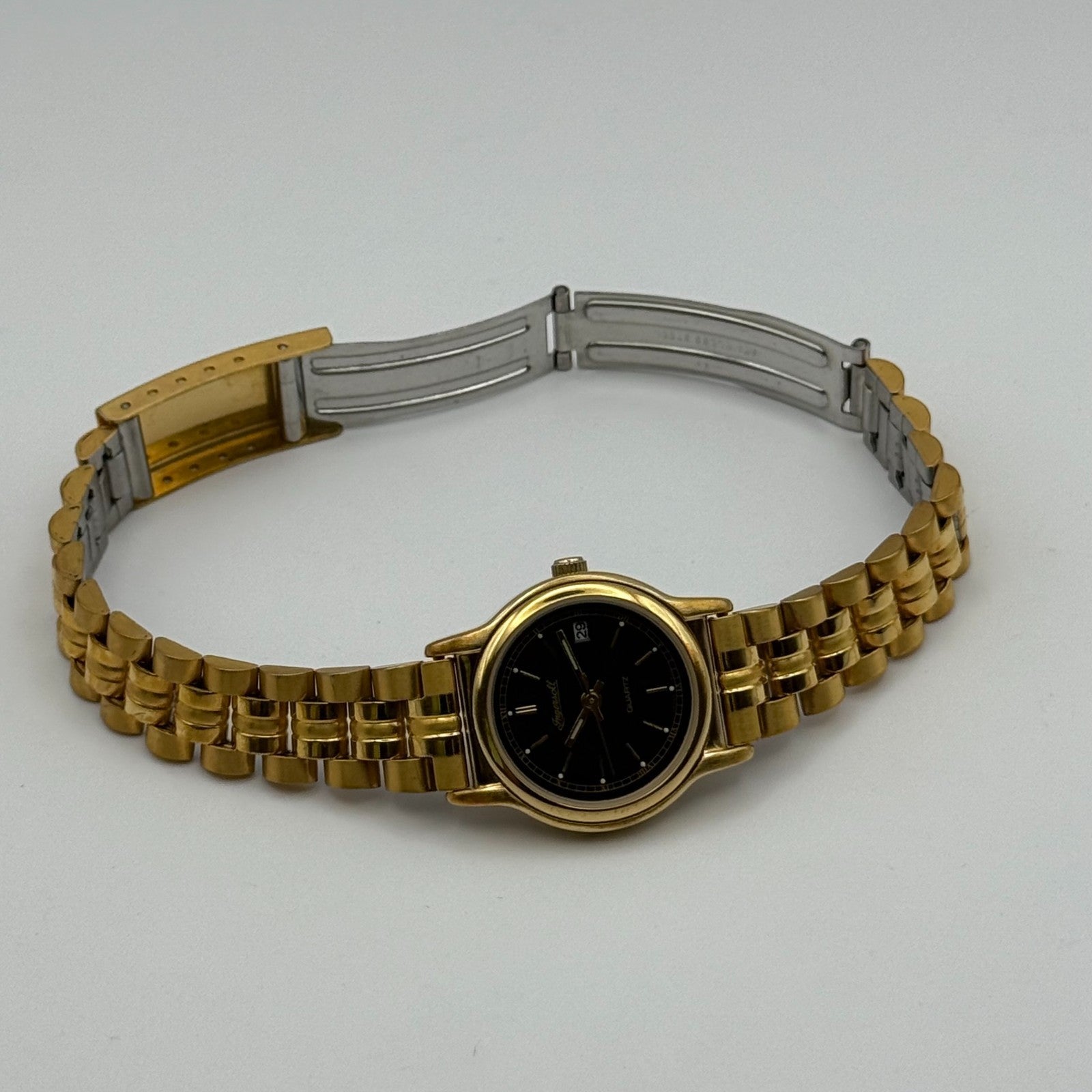 Ingersoll Ladies Quartz Watch Black Date Dial Gold Tone Bracelet Working 25mm