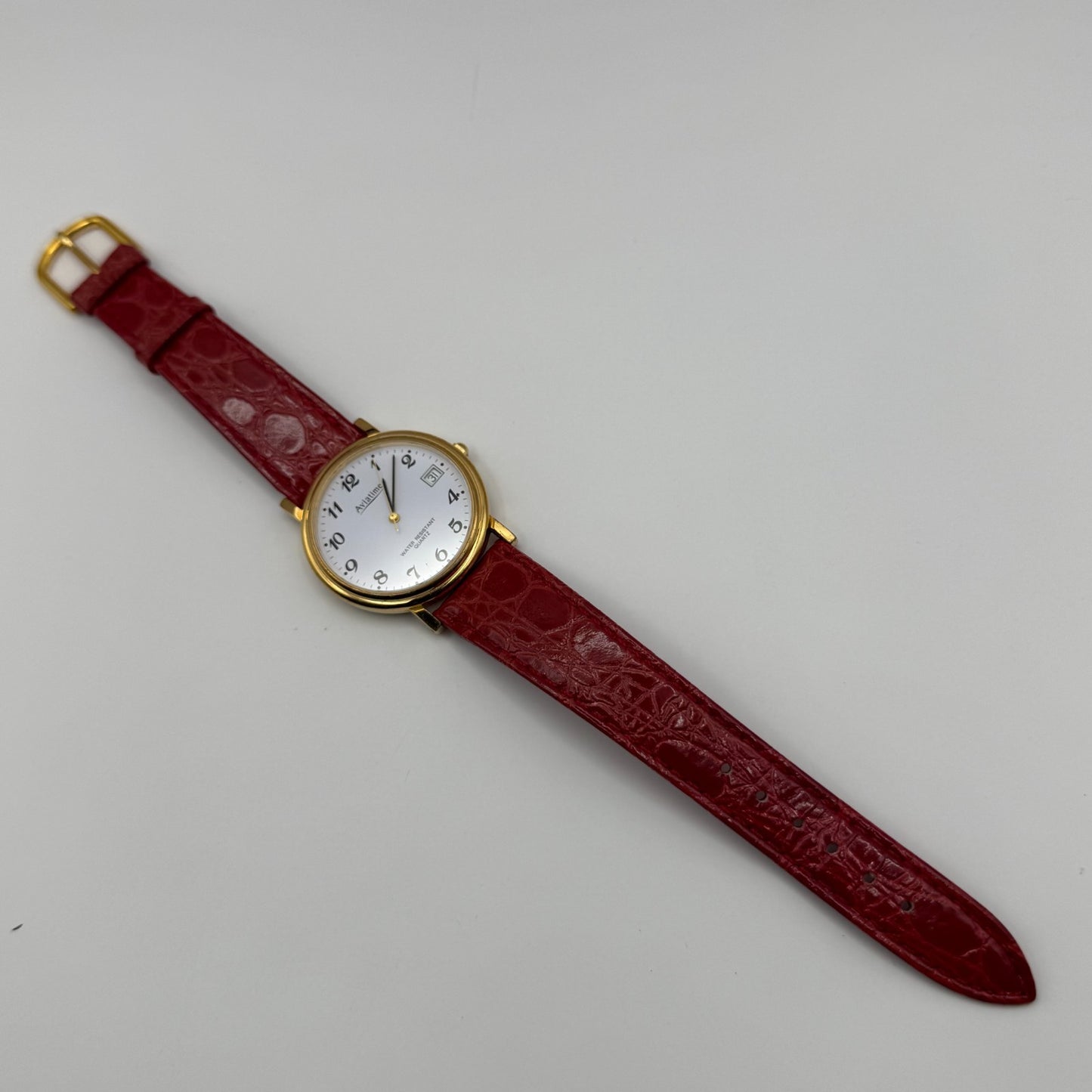 Aviatime Ladies Quartz Watch White Date Dial Red Leather Strap Working 33mm