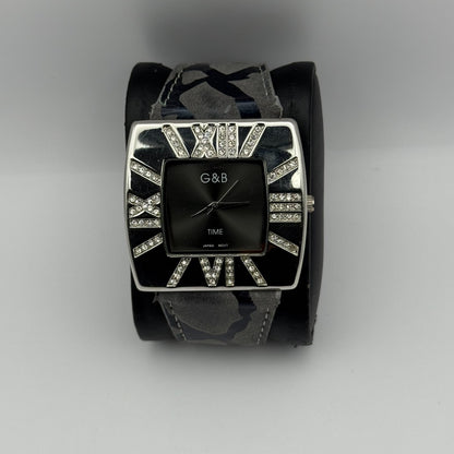 G&B Time Fashion Ladies Quartz Watch Crystal Accents Leather Strap Working 42mm