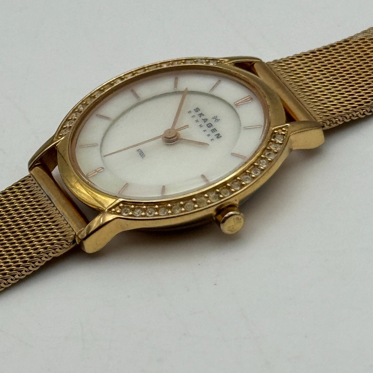 28mm Working Skagen Denmark 804SRR Steel Rose Gold Tone MOP Quartz Watch 8 Inch