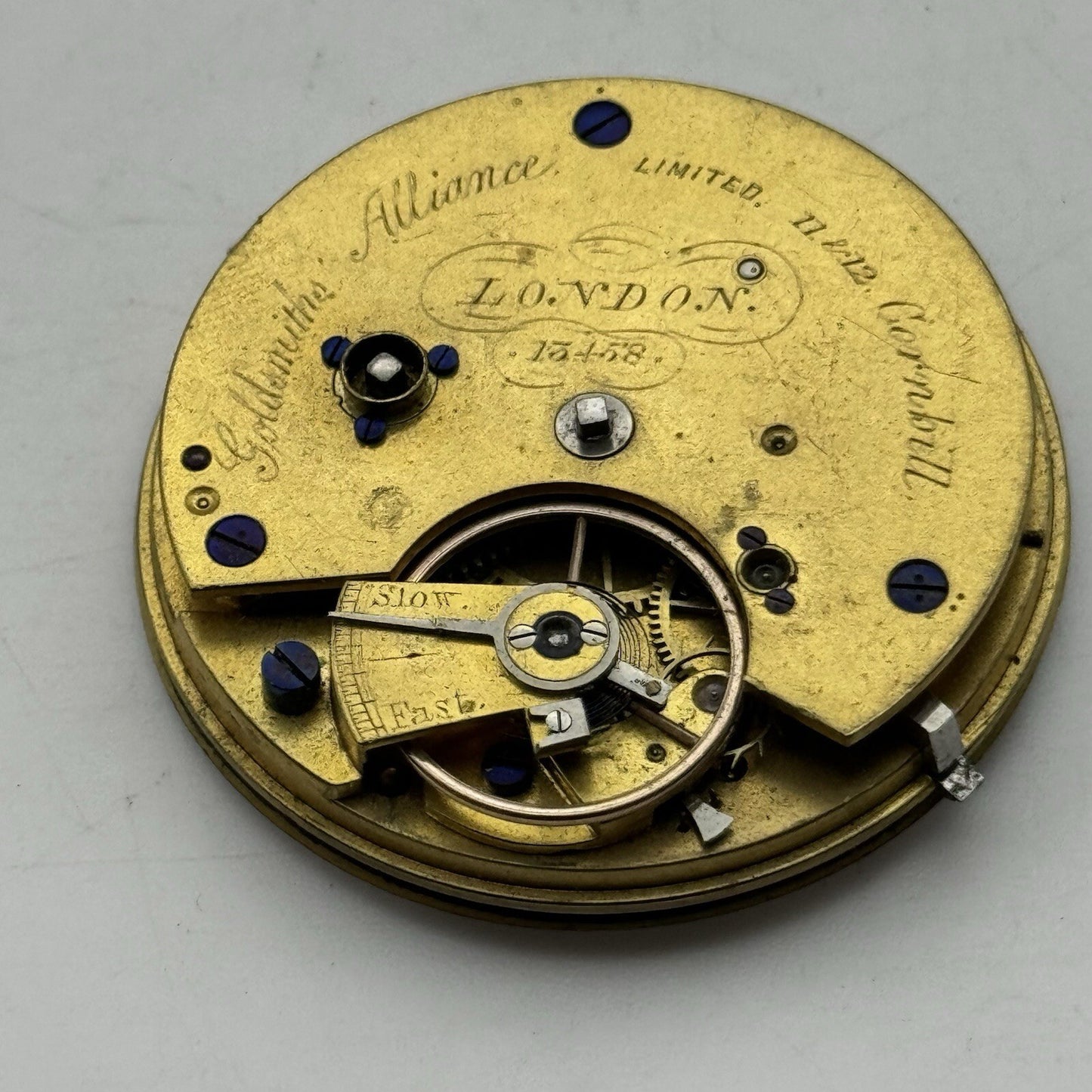 41.3mm Key Wound Goldsmiths Alliance London Pocket Watch Movement FOR PARTS