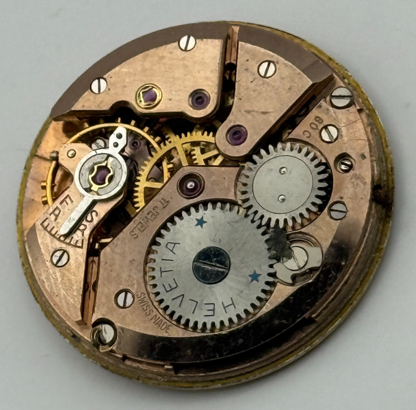 Helvetia 80C Watch Movement Manual Wind Vintage Swiss 17 Jewels Parts 25.6mm