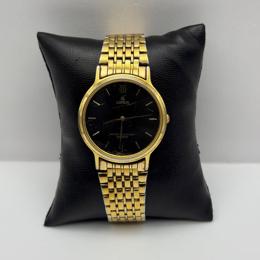Working Lorus V515-8100 Gold Plated Black Dial 35mm Quartz Watch 7.5 Inches