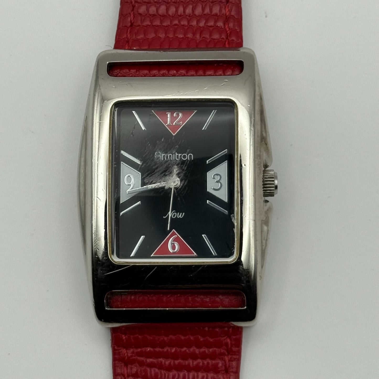 Armitron Now Ladies Quartz Watch Black Dial Red Leather Strap Japan Working 27mm
