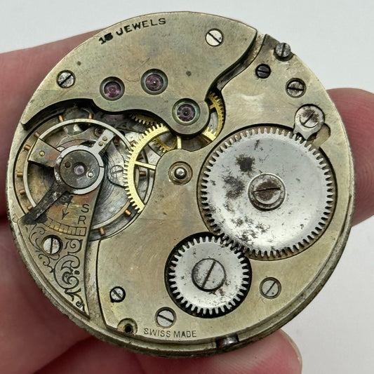 42.9mm Unidentified Swiss 15 Jewels Vintage Pocket Watch Movement PARTS SPARES
